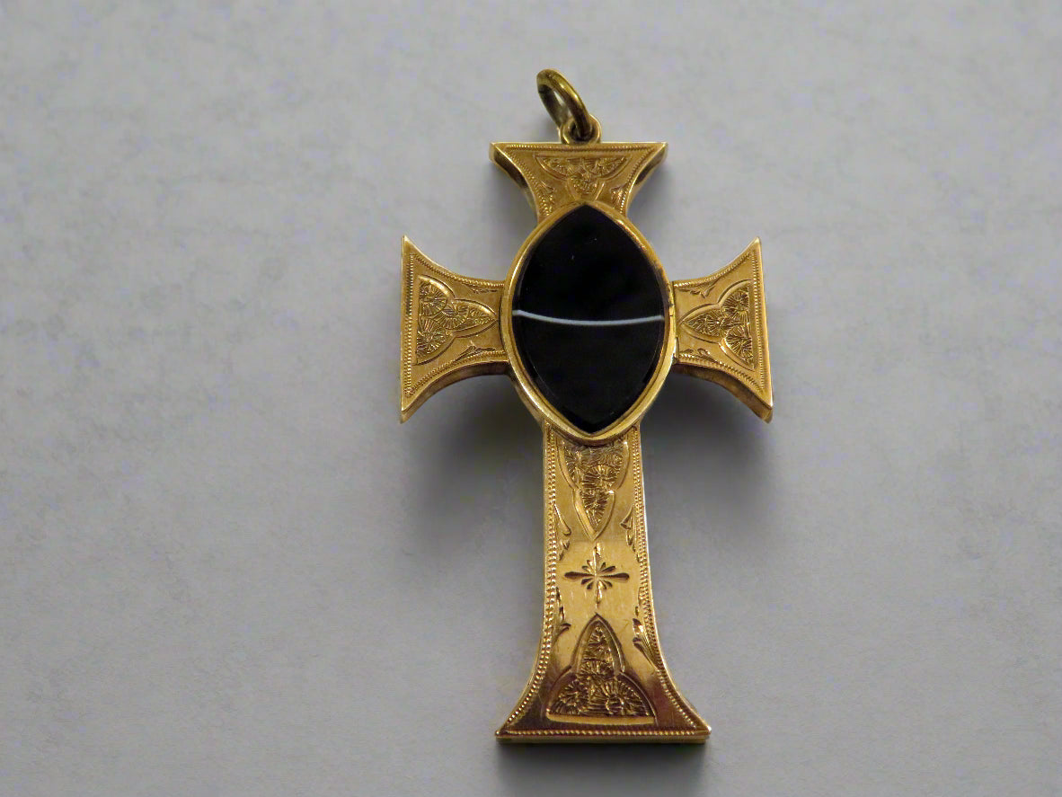 Antique 9K Solid Gold Victorian Banded Agate Locket Cross Pendant