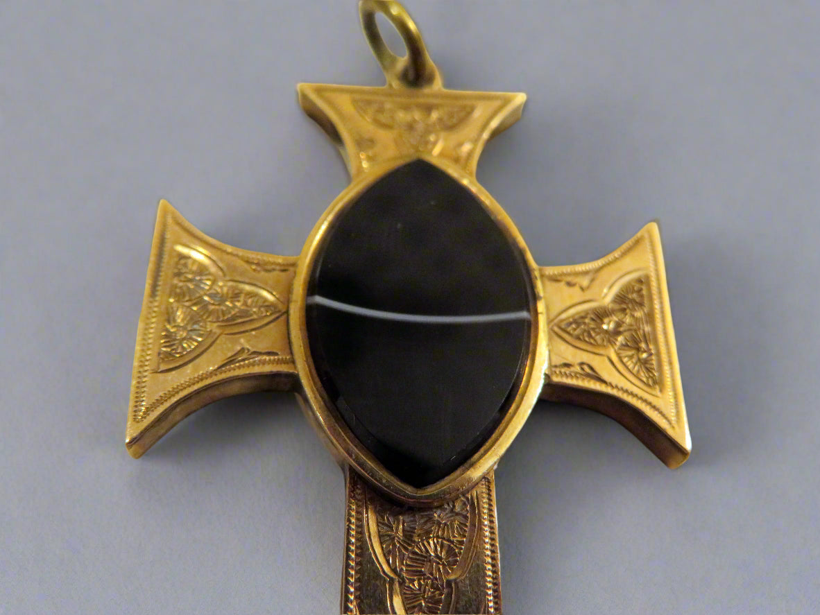 Antique 9K Solid Gold Victorian Banded Agate Locket Cross Pendant