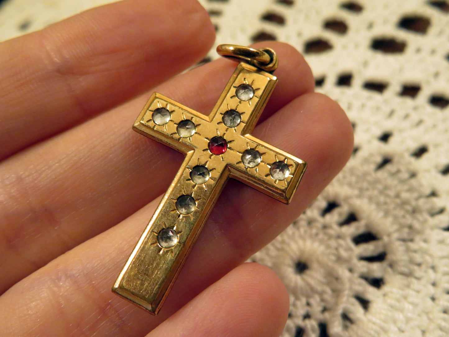 Antique Rhinestone Gold Cross Pendant Charm