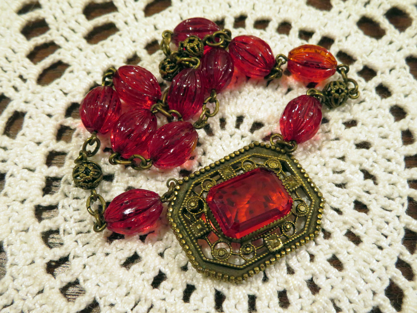 Vintage Red Art Deco Czech Glass Necklace