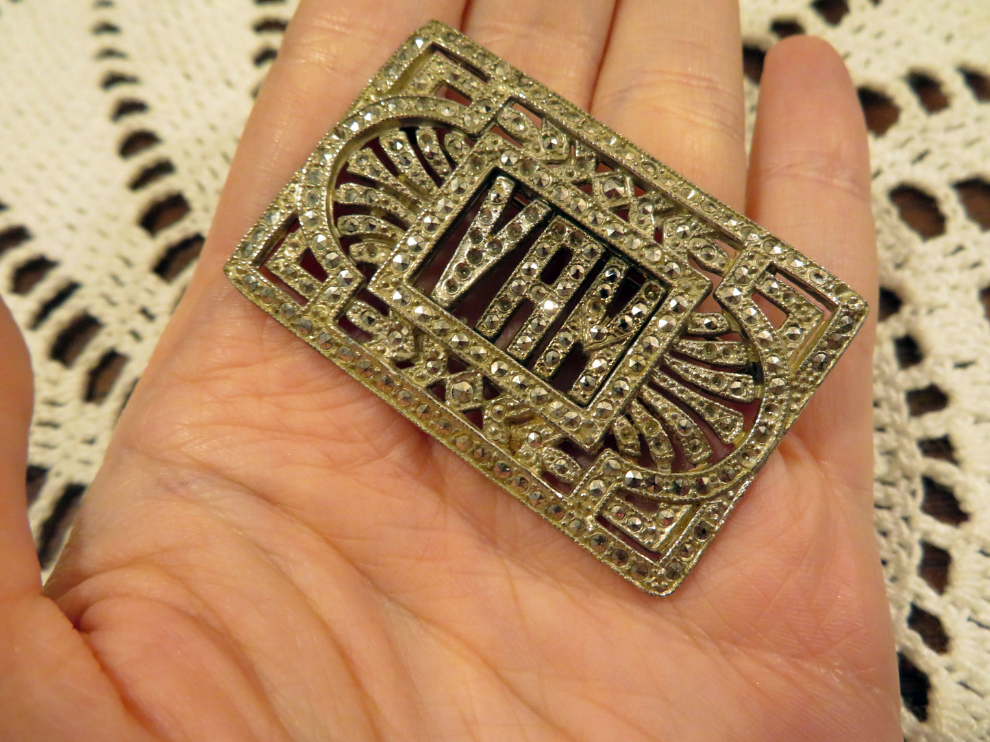 Vintage Art Deco Silver Marcasite Initial Brooch