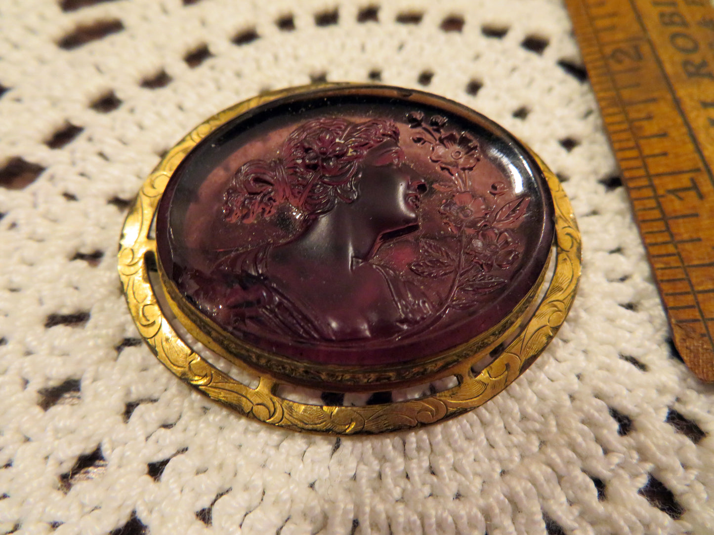 Vintage Amethyst Glass Goddess Cameo Brooch