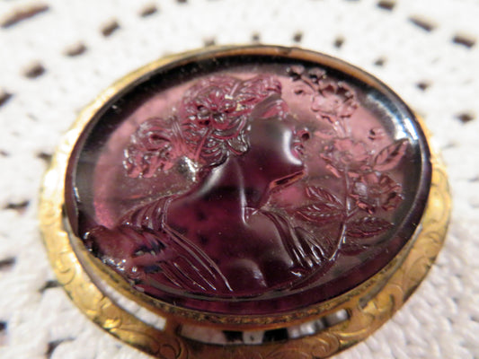 Vintage Amethyst Glass Goddess Cameo Brooch