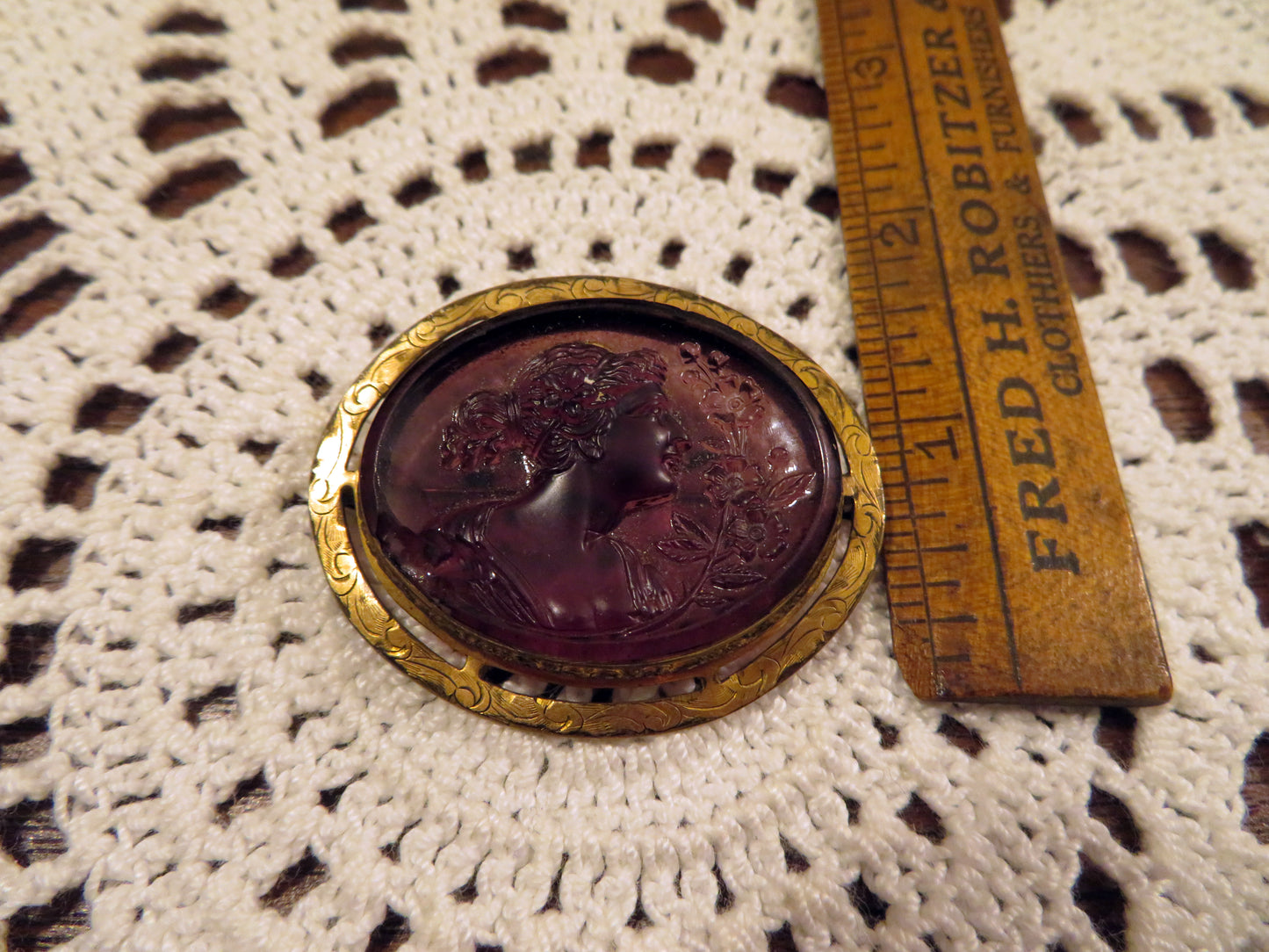 Vintage Amethyst Glass Goddess Cameo Brooch