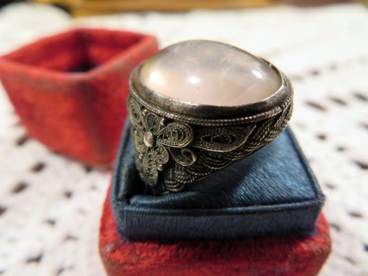 Antique Arts and Crafts Quartz Silver Filigree Ring