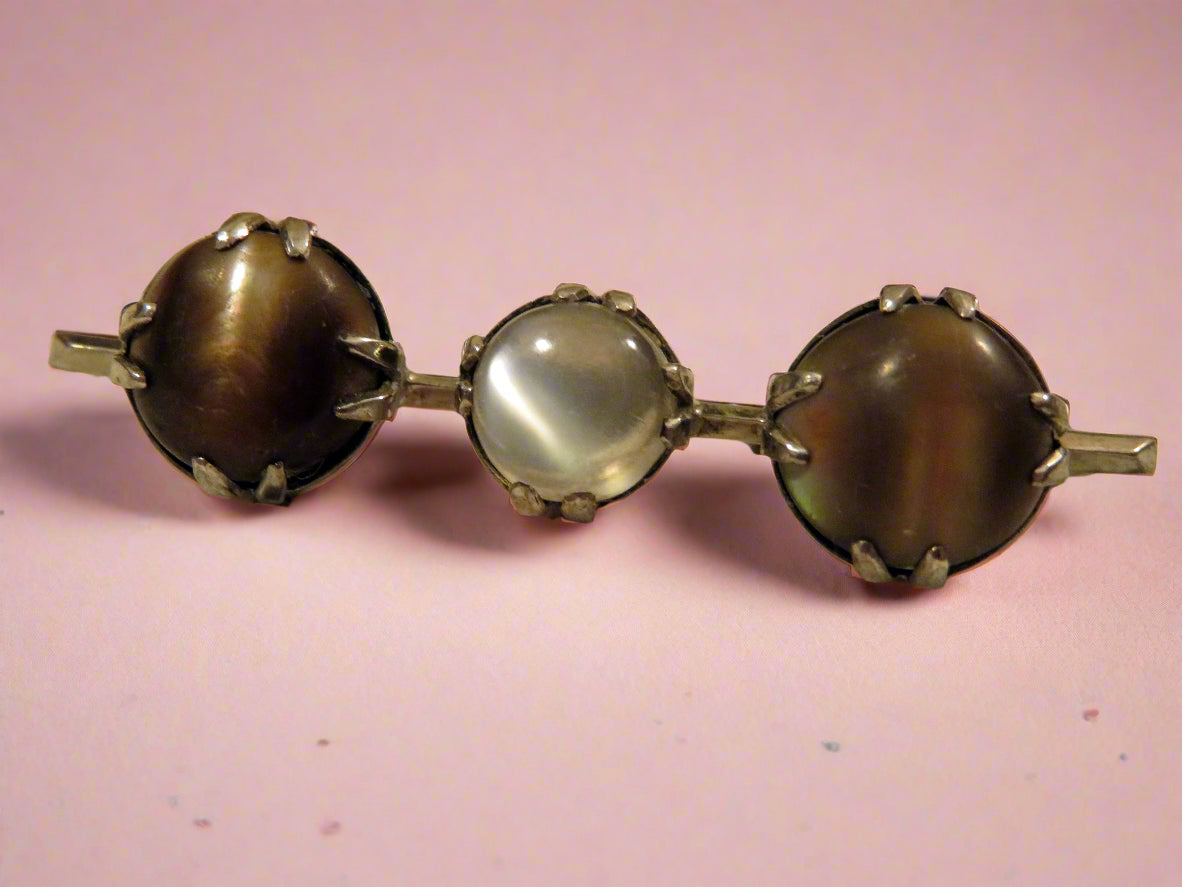 Antique Victorian Moonstone Cats Eye Silver Brooch