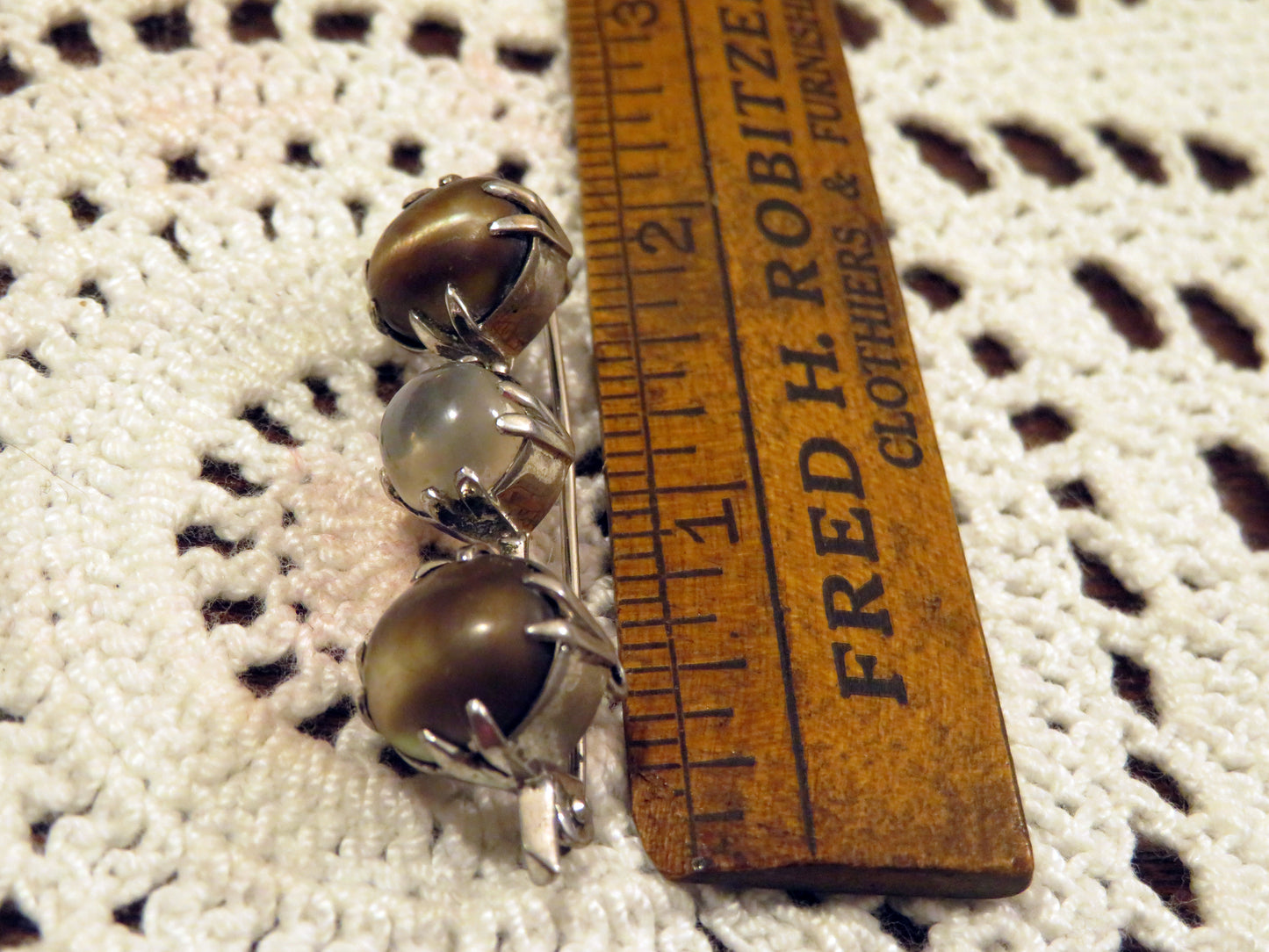 Antique Victorian Moonstone Cats Eye Silver Brooch