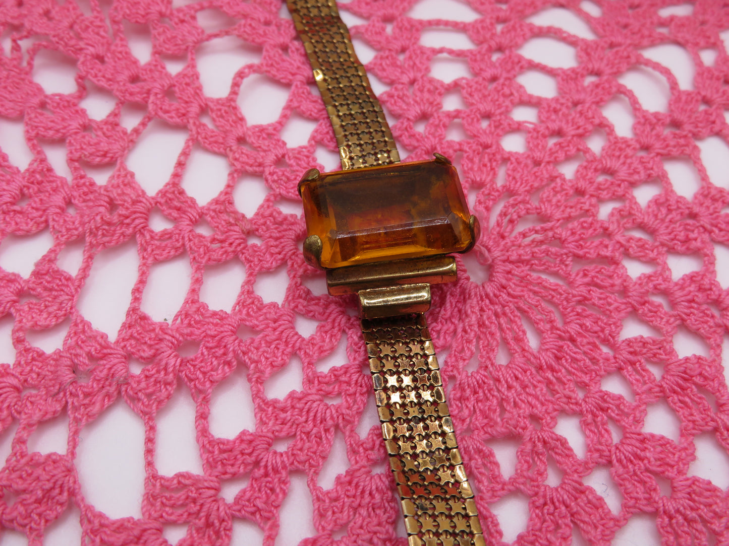 Vintage Citrine Rhinestone Chainmail Mesh Bracelet