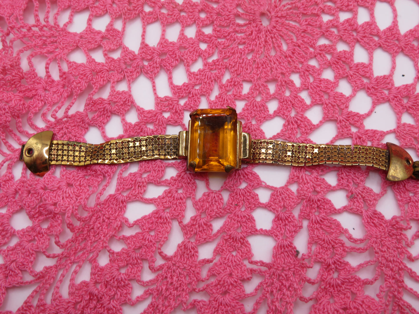 Vintage Citrine Rhinestone Chainmail Mesh Bracelet