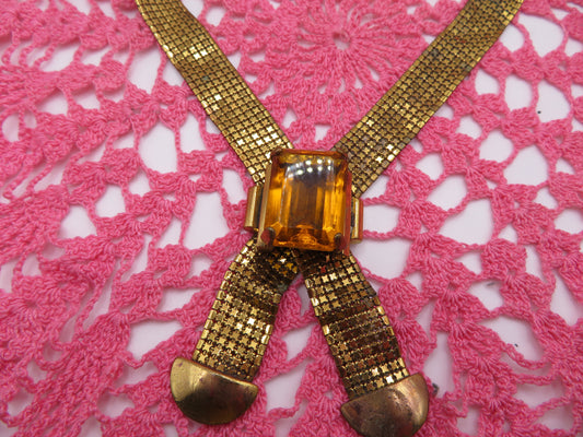 Vintage Citrine Rhinestone Chainmail Mesh Necklace