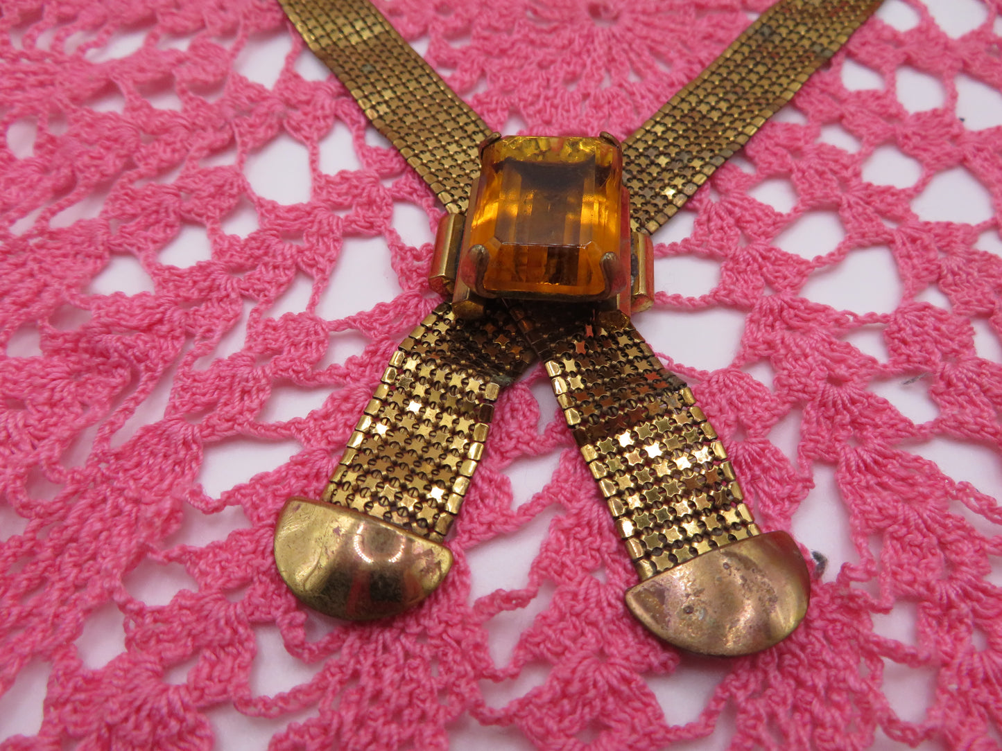 Vintage Citrine Rhinestone Chainmail Mesh Necklace