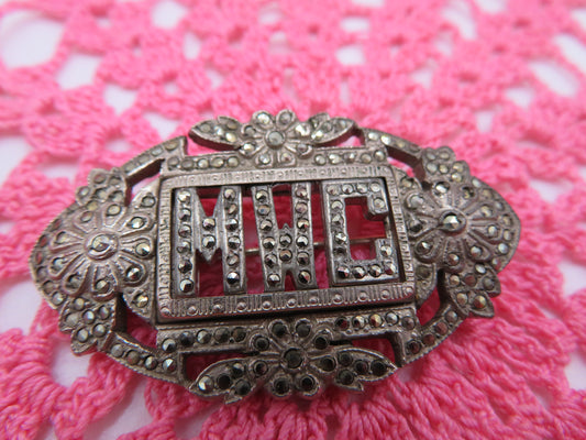 Vintage Floral Art Deco Silver Marcasite Initial Brooch