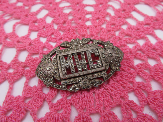 Vintage Floral Art Deco Silver Marcasite Initial Brooch