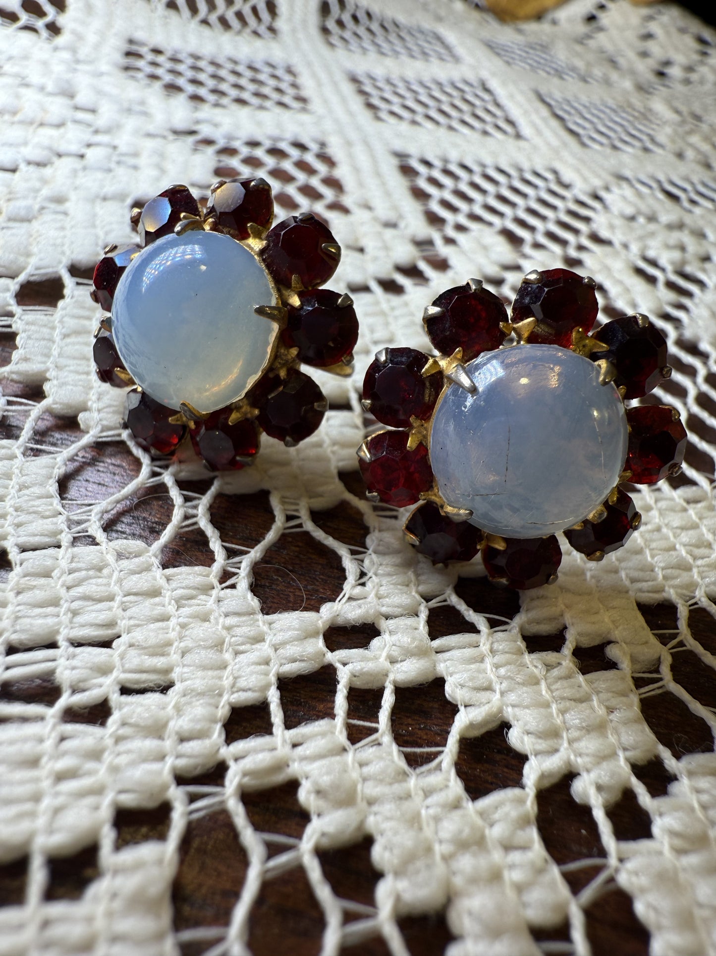 Antique Cabochon Faux Moonstone and Garnet Crystal Earrings