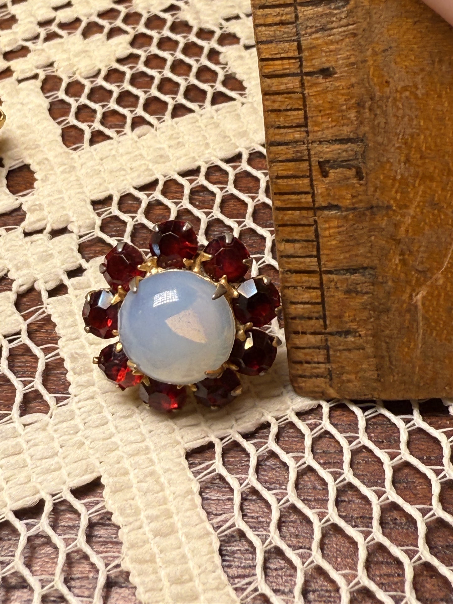 Antique Cabochon Faux Moonstone and Garnet Crystal Earrings