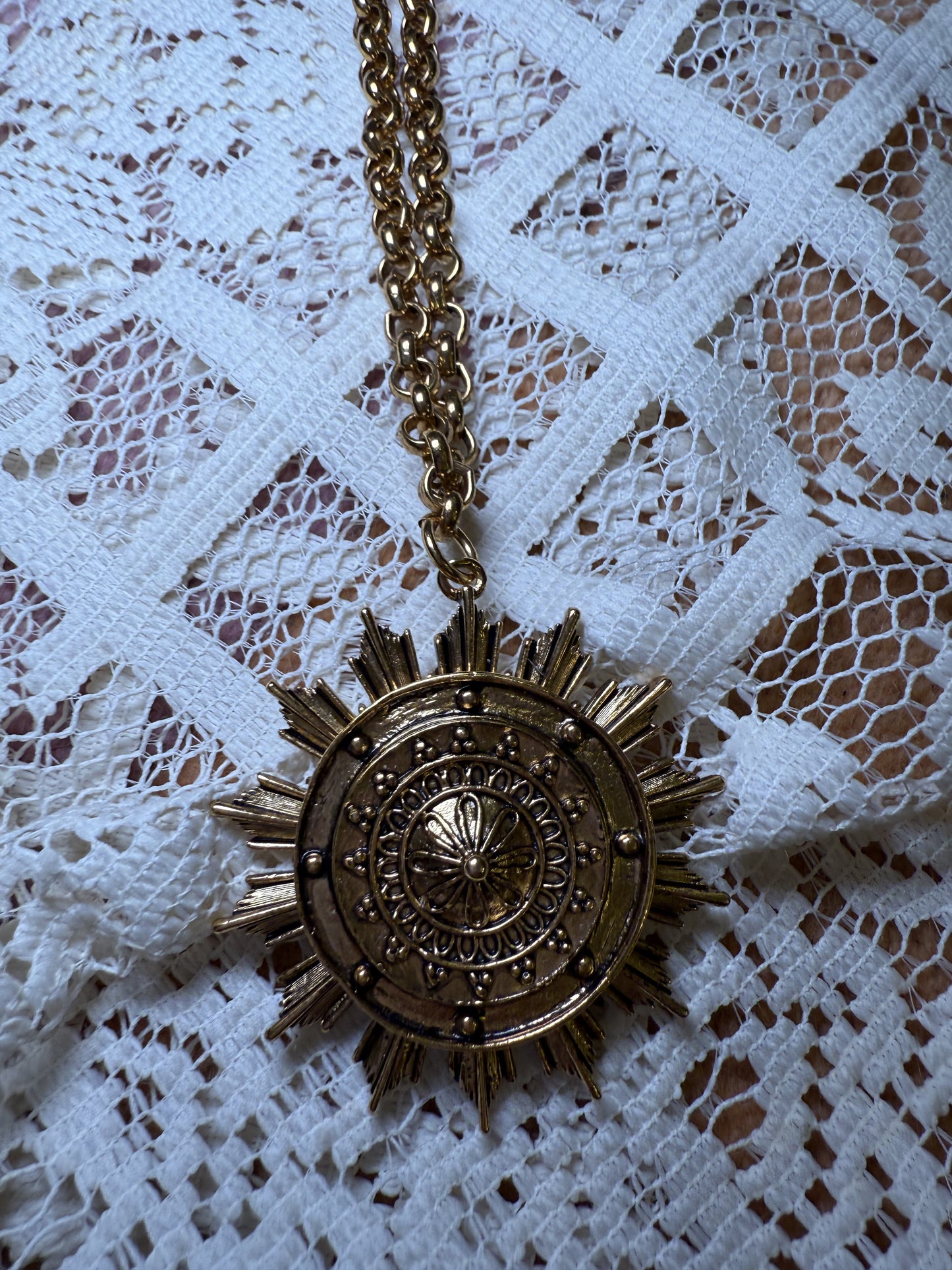 Gold Sunburst Flower Medallion Necklace