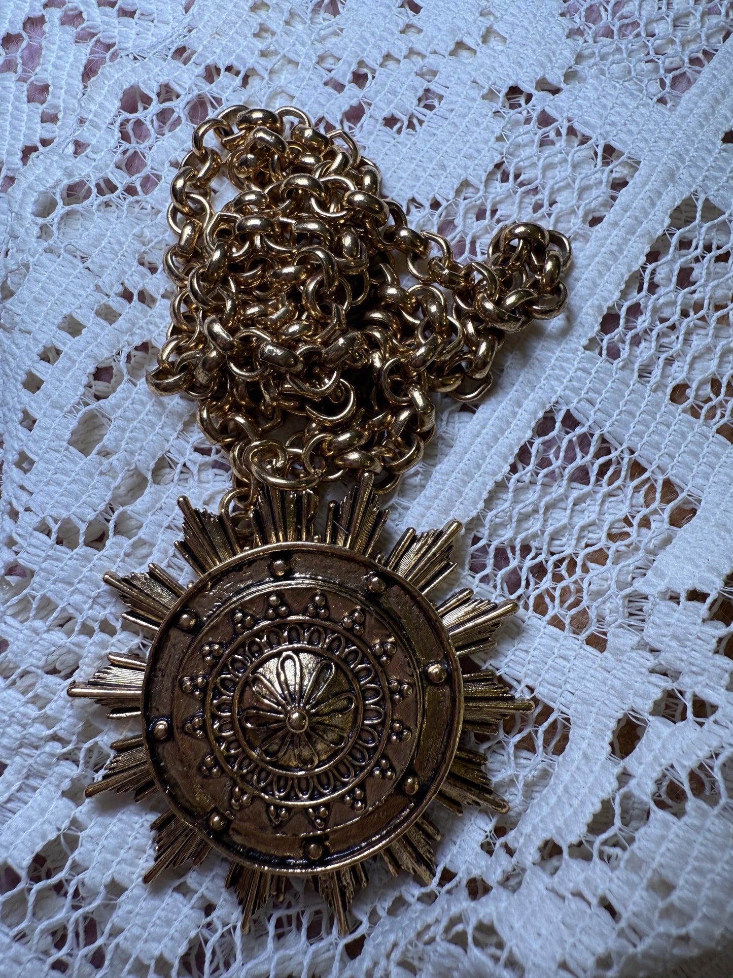 Gold Sunburst Flower Medallion Necklace