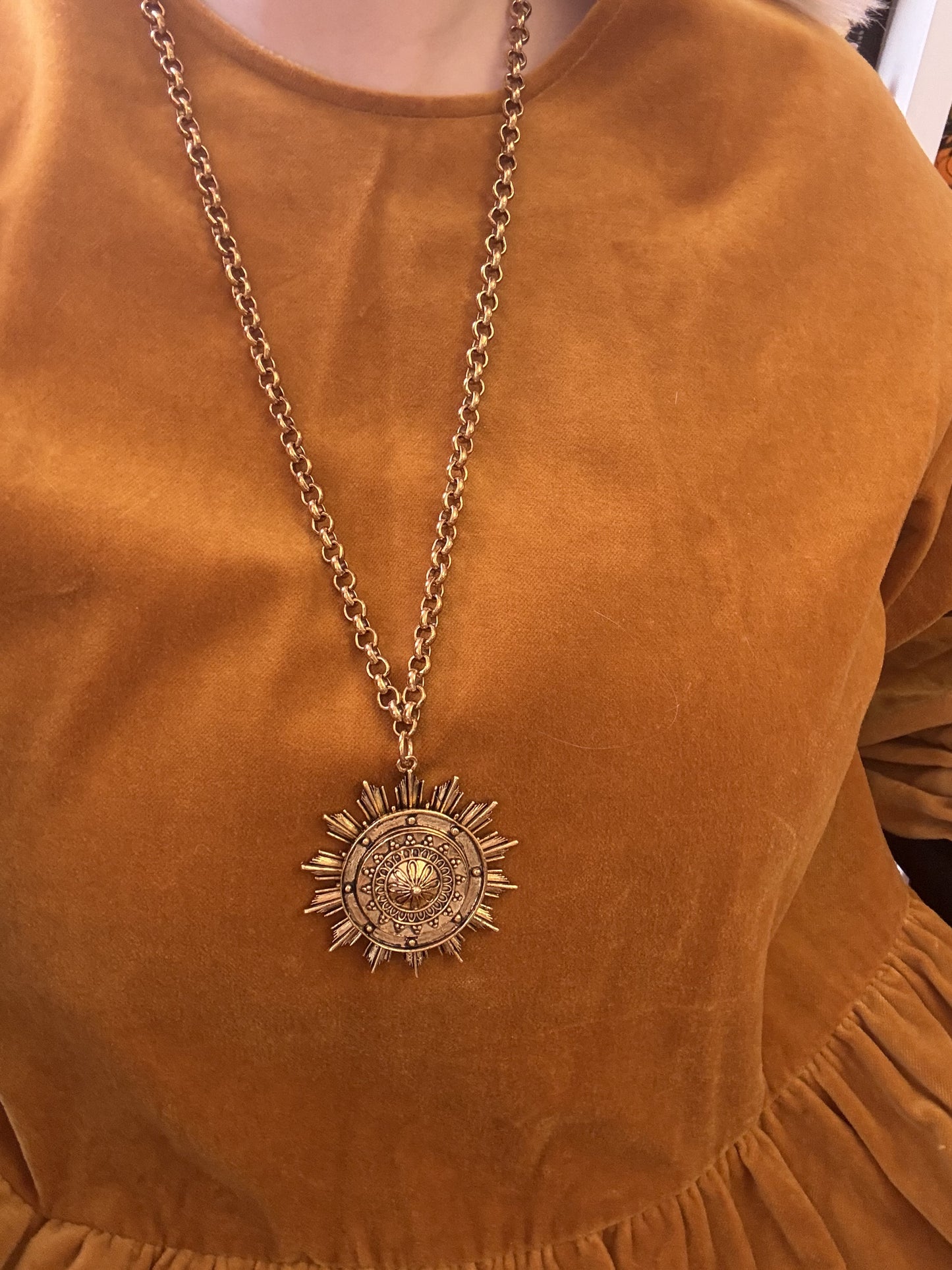 Gold Sunburst Flower Medallion Necklace