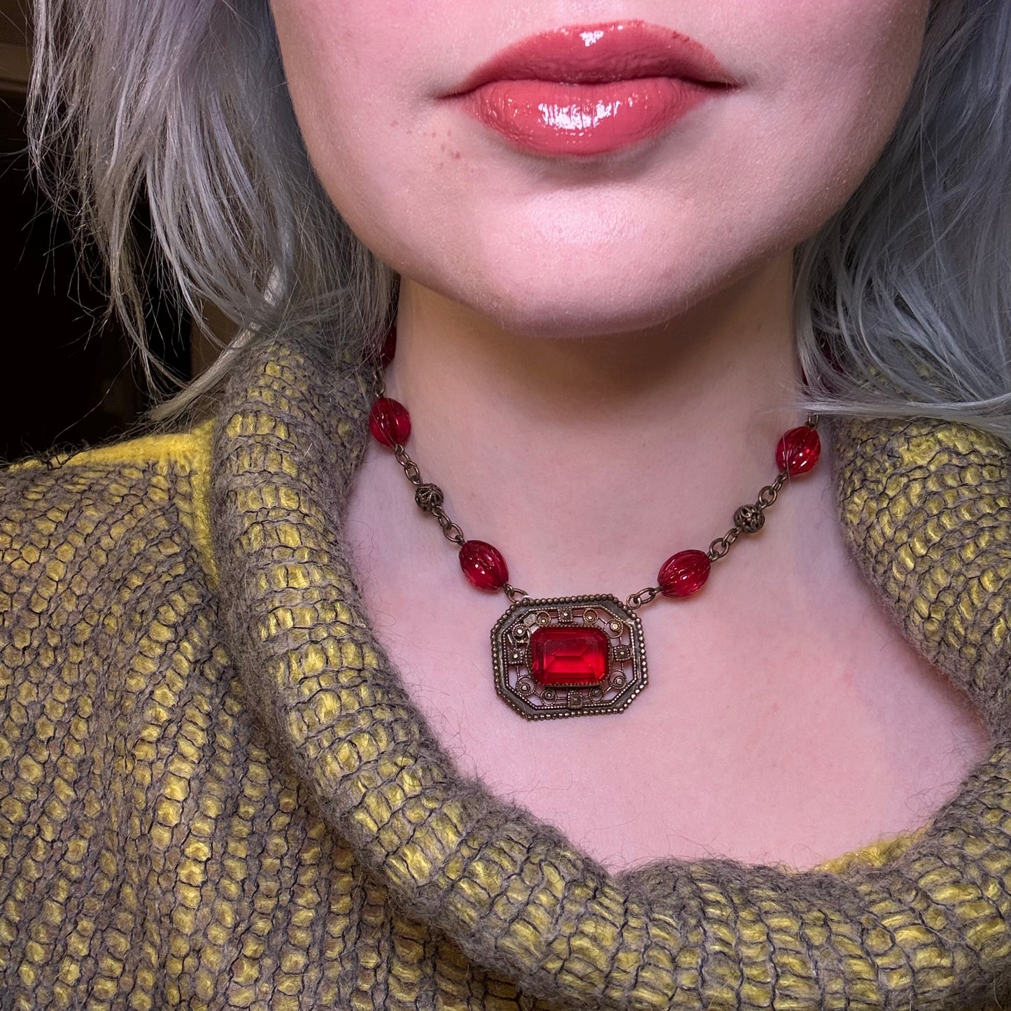 Vintage Red Art Deco Czech Glass Necklace